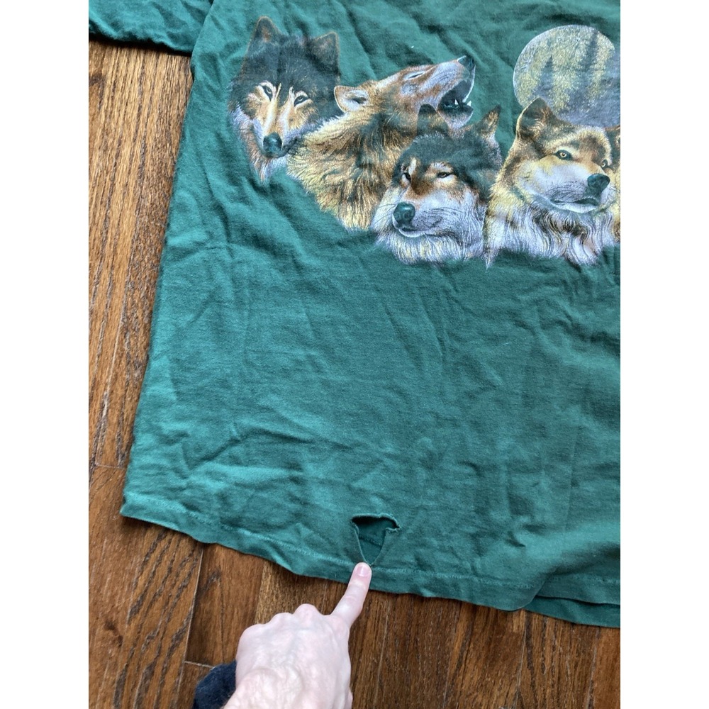 Vintage Wolf T Shirt Mens Large Green 90s Double Sided Native American Signal - Picture 10 of 10
